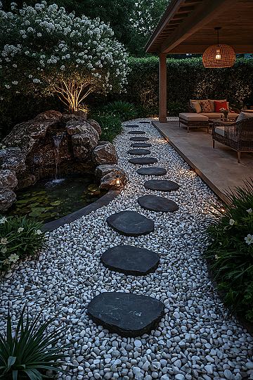 Zen Side Yard Retreat: Waterfall & Patio Design