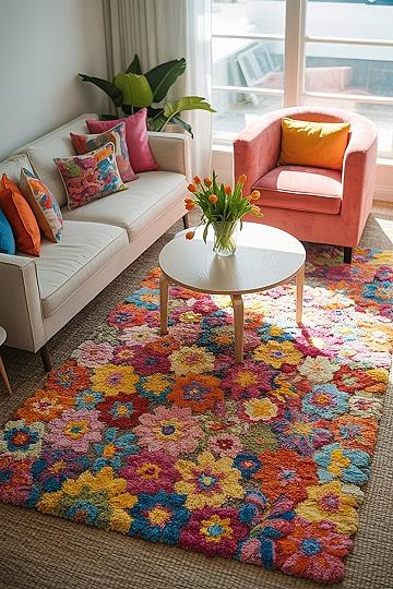 Vibrant Living Room: Colorful Floral Rug & Playful Home Decor