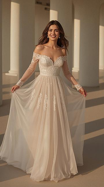Princess-Style Long Sleeve Wedding Gown with Flower Lace Details
