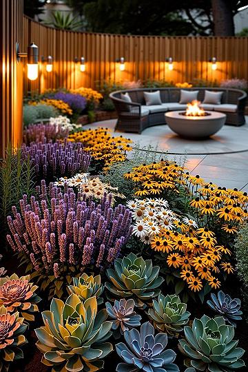 Dream Backyard Garden: Vibrant Blooms & Cozy Fire Pit Ambiance