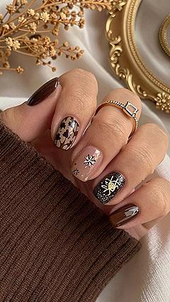 Rich Chocolate Brown Nails With Detailed Gold Nail Art