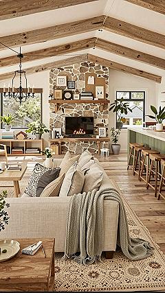 Using a Stone Fireplace to Anchor an Open Layout