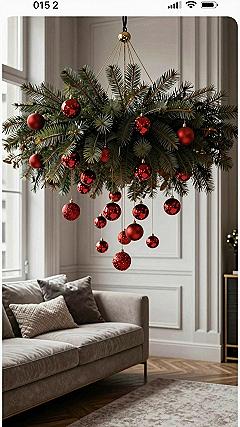 Hanging Pine and Red Bauble Chandelier Decor