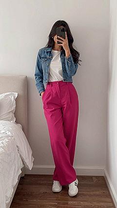 Pairing Vibrant Purple Trousers with a Casual Denim Jacket