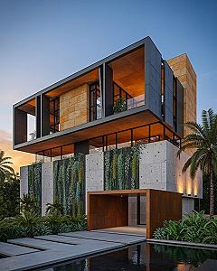 Industrial Modern Exterior: Stone, Steel, and Lush Landscaping