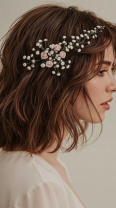 Romantic Shoulder-Length Bridal Hair with Delicate Florals