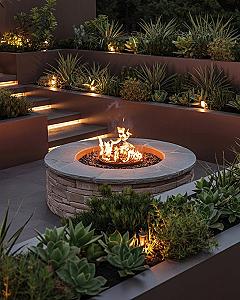 Modern Outdoor Fire Pit Design with Tiered Landscaping