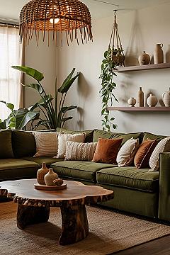 Olive Green Boho Living Room: Nature-Inspired Eclectic Design
