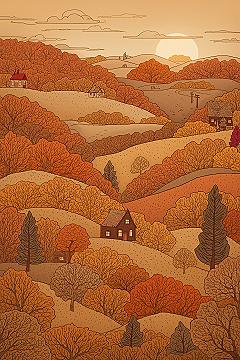 Whimsical Autumn Phone Wallpaper: Charming Fall Landscape Illustration