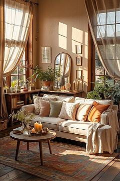 Sunlit Cottage Core Living Room: Cozy Beige & Peach Hues