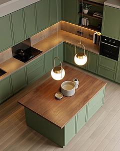 Scandinavian Green Kitchen: Sleek Cabinets Meet Walnut Warmth