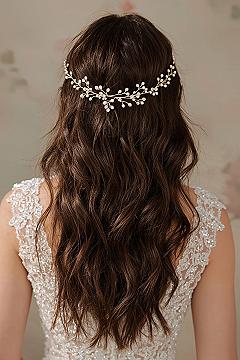 Romantic Bridal Half-Down Waves with Gold & Pearl Vine Headpiece