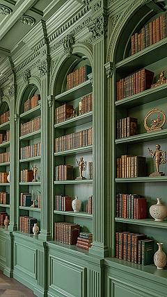 Vintage Green Bookcase Wall: Dreamy Libraries & Built-In Bookcase Magic