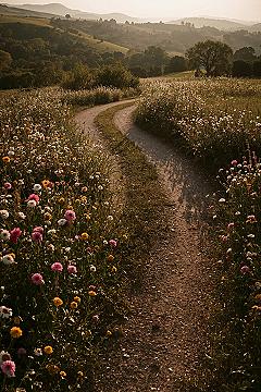 Rustic Countryside Drive Aesthetic with Blooming Wildflowers