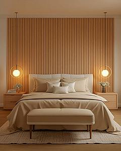 Luxurious Bedrooms: Master Decor with Slatted Wood & Pendant Lights