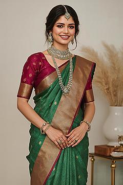 Vibrant Green & Orange Silk Saree with Belt: Trending South Indian Fashion