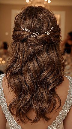 Elegant Brunette Wedding Hairstyles: Soft Curls with Pearl Accents