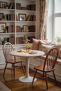 Cottage Library Dining Nook with Built-in Bookshelves