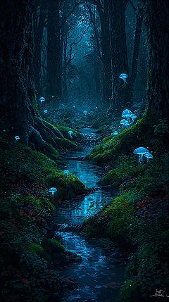 Ethereal Forest Glow: Surreal Blue Mushrooms & Aesthetic Wallpapers