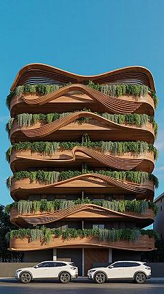 5-Story Apartment Facade: Wavy Wood & Green Residential Architecture