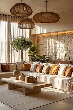 Organic Modern Lounge: Cozy Zen Living Room Design with Wood Accents