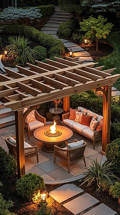 Cozy Backyard Terrace: Ambient Outdoor Lights & Fire Pit Patio