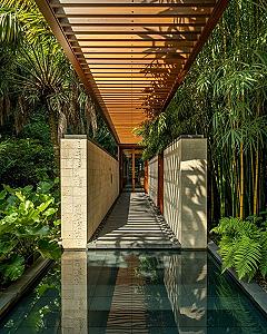 Tropical Villa Entrance: Modern Oasis with Water Feature