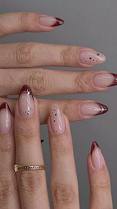 Deep Burgundy French Tips with Polka Dot Accents