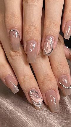 Milk Brown Nails with Delicate Rhinestone Arches