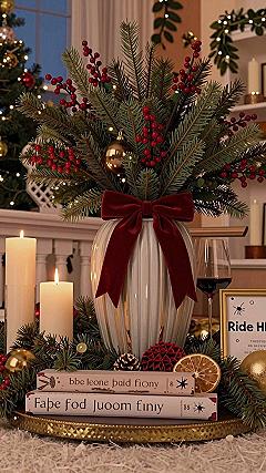 Arranging Holiday Greens in a Ceramic Vase with Velvet Ribbon