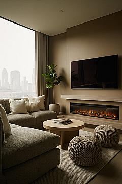 Cozy Apartment Fireplace Decor: Modern Grey Sectional & Wall-Mounted TV