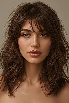 Chic Medium Brown Hair with Curtain Bangs for Oval Faces