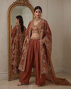 Modern Roka Ceremony Outfit: Rust Farshi Plazo Dress & Sharara Designs