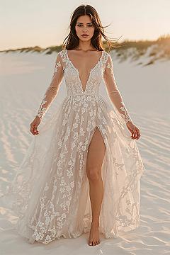 Dreamy Beach Wedding Gown: Deep V Lace Elegance