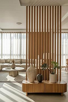 Japandi Living Room Partition: Elegant Wood Slat Divider Ideas