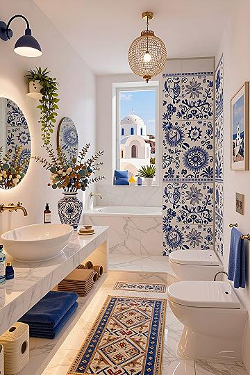 Using Blue and White Patterns in a Santorini Bathroom