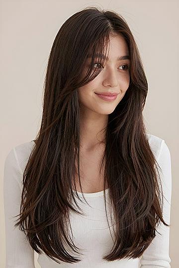 Soft Layered Curtain Bangs for Long Brunette Hair