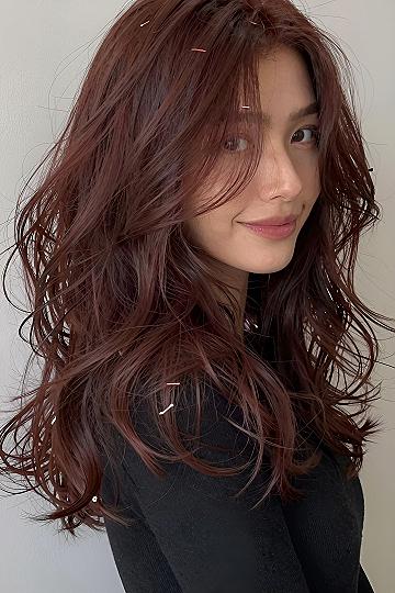 Deep Chestnut Auburn Waves With Soft Winter Highlights