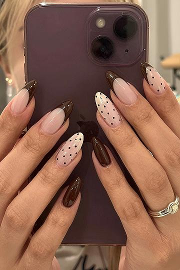 Chocolate Brown Almond Nails with Polka Dots