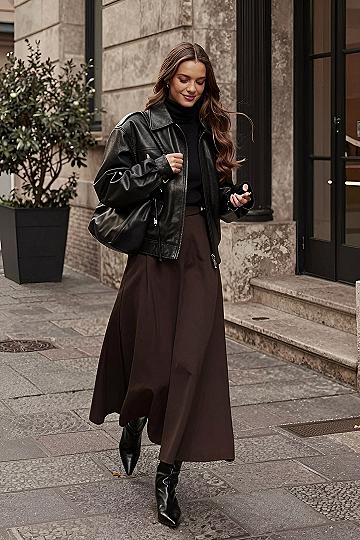 Pairing a Black Leather Jacket with a Brown Maxi Skirt