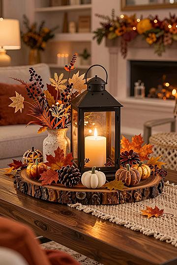 Using a Wooden Tray Centerpiece with Lanterns and Pumpkins