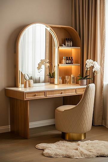 Cozy Corner Vanity: Simple Bedroom Interior with Arched Mirror