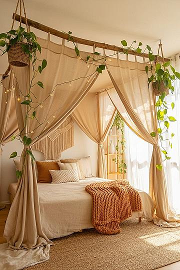 Dreamy Canopy Bedroom: Enchanting Boho Sanctuary with Plants