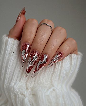 Edgy Red Metallic Nails: Bold Black & Chrome Designs for a Daring Look