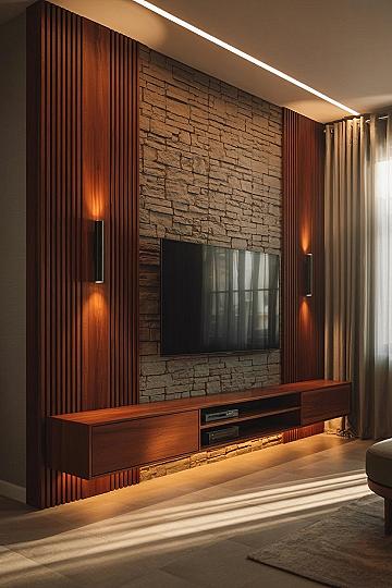 Luxury TV Wall Unit Designs: Spotlight on Stone & Wood Elegance
