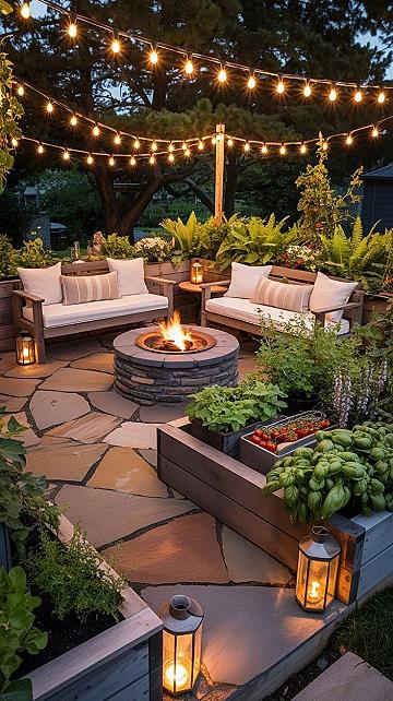 Dream Backyard Garden: Aesthetic Patio with Fire Pit & Cozy Vibes