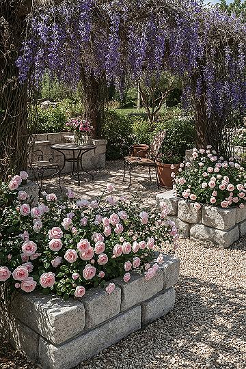 Romantic Rose Garden Patio: French Cottage Oasis with Pergola Dreams