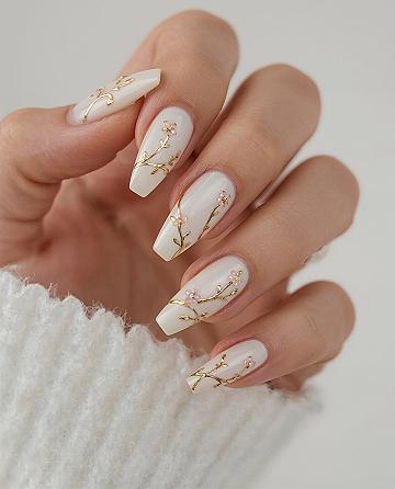 Elegant Gold Floral Almond Nails: Classy Gel Polish Inspo