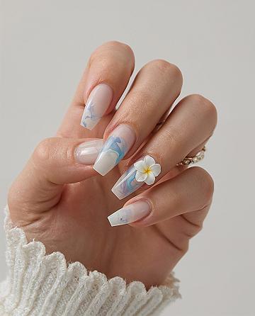 Elegant Oval Nails: Blue Marble & Plumeria Summer Designs