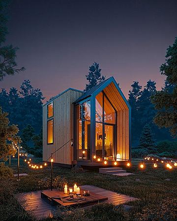Cozy Modern Tiny House Exterior: Warm Ambiance at Night